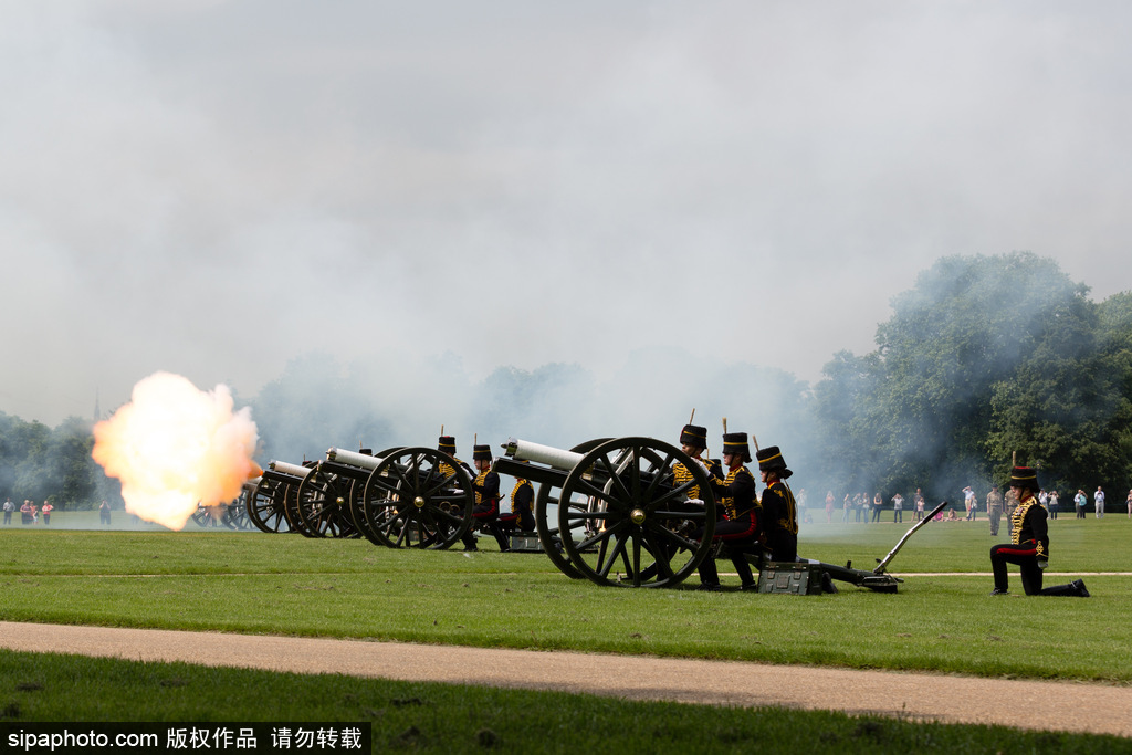 英國(guó)皇家騎兵鳴禮炮紀(jì)念女王伊麗莎白二世加冕64周年